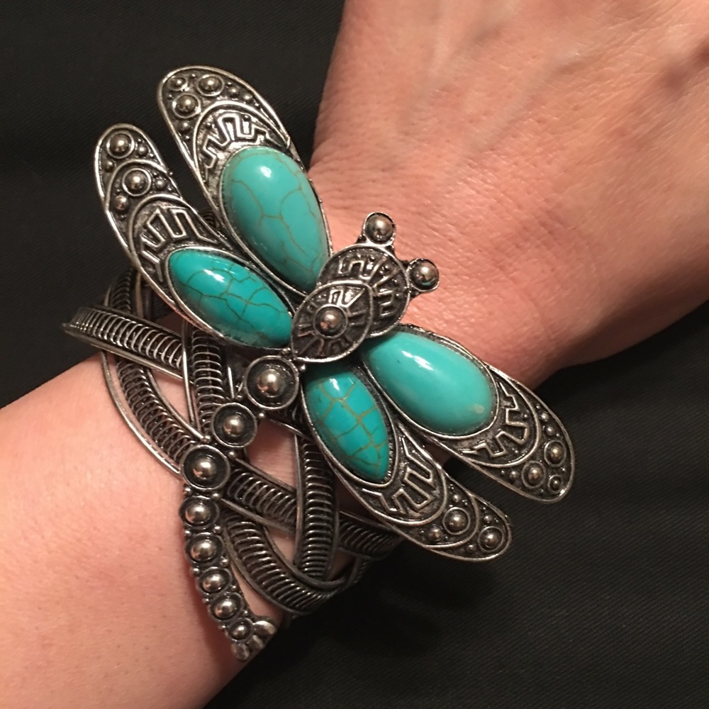 Silver and turquoise dragonfly bracelet